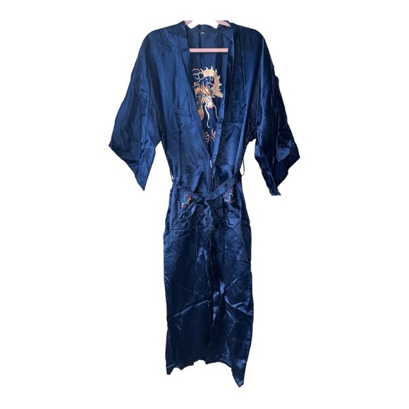 Other - Vintage Asian Silk Kimono Robe Embroidered Dragon Blue